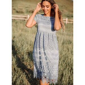 Jessakae Women's Blue Lace Dress, Short‎ Sleeve Scalloped Neckline